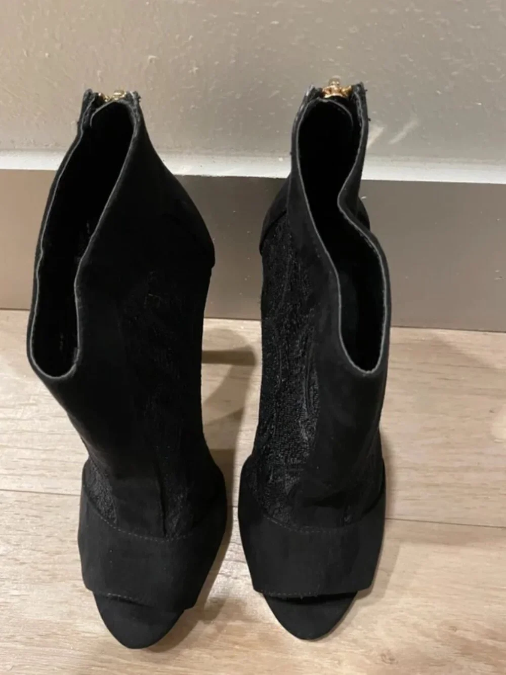 Suede and lace peep-toe bootie heels